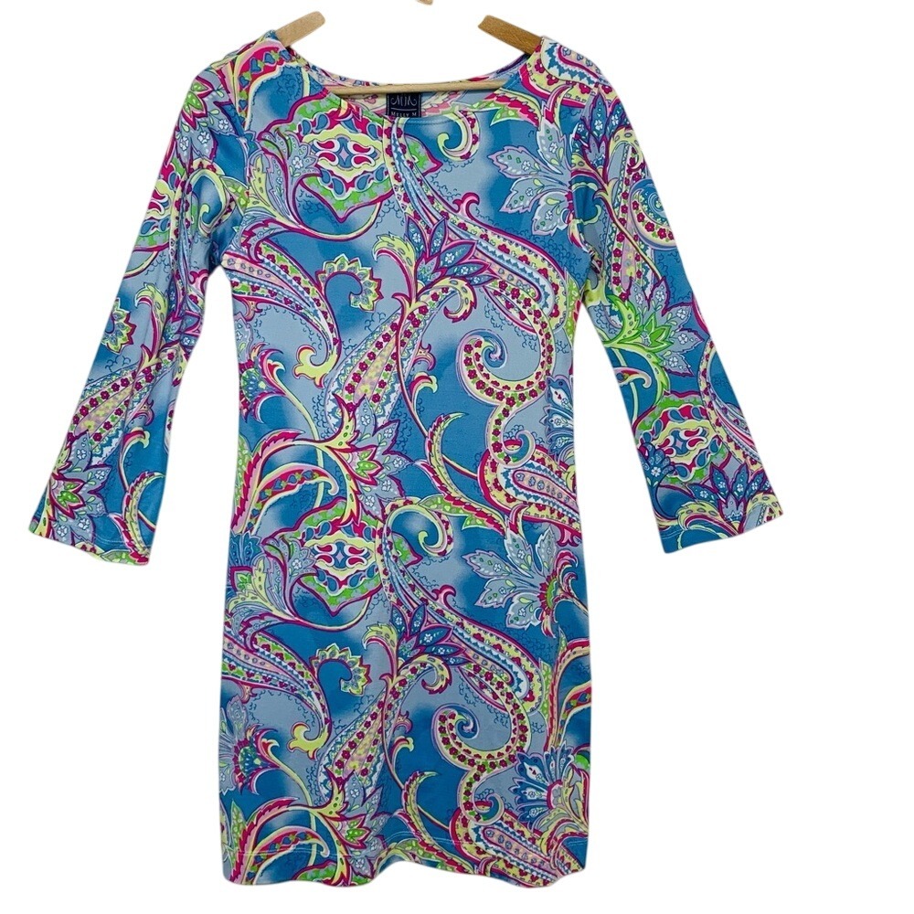 Melly M Dress XS Blue Pink Pastel Stretch Knee Length Long Sleeve Vacation‎ USA